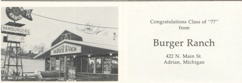 Burger Ranch - 1977 Techumseh Yearbook Ad For Adrian Location (newer photo)